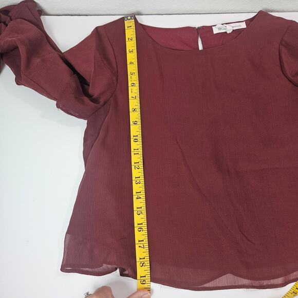 BCBGeneration Women XS Burgundy Chiffon Sheer Bell Sleeve Ruffle Top Indie/Boho - Picture 10 of 10